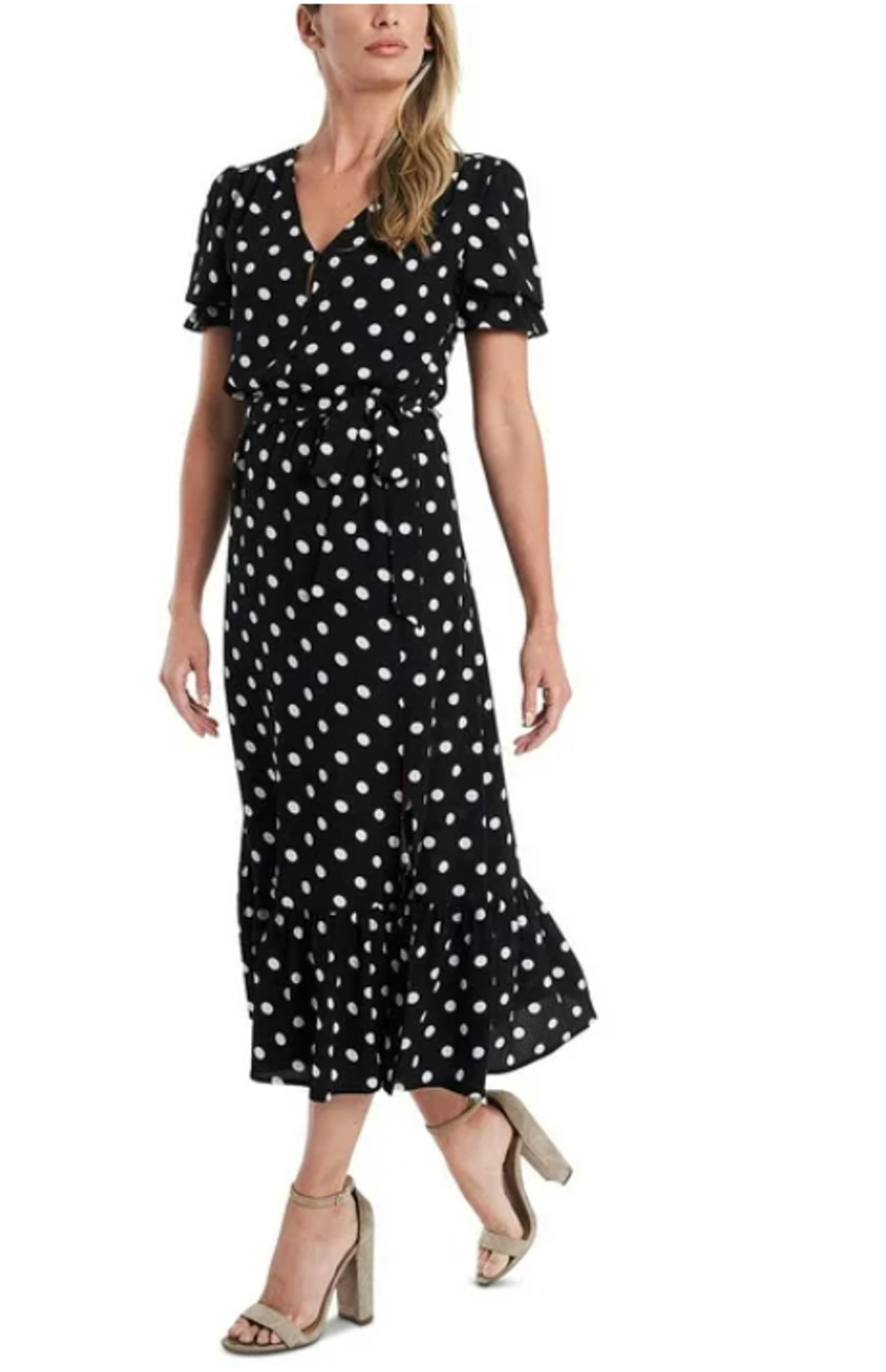 CECE Womens Polka Dot Midi Dress Size 12 Black White Tie Waist Button Front NWT